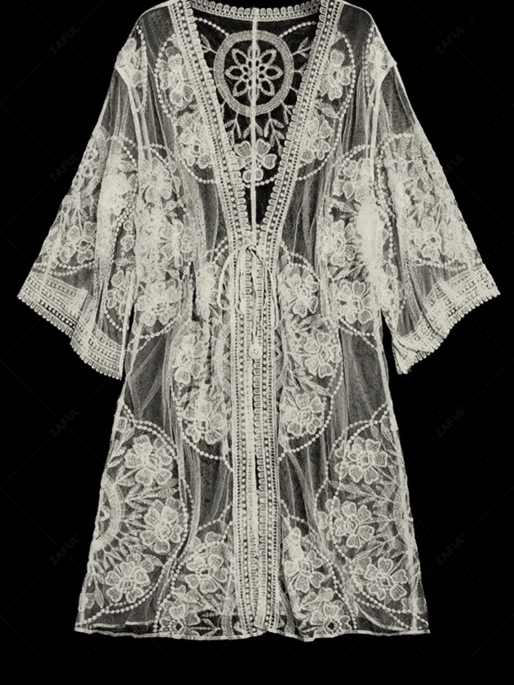 Zaful White Floral Lace Sheer Swim Coverup Kimono